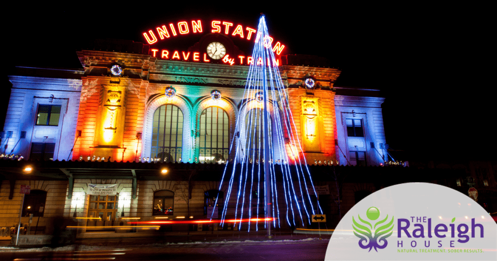 The exterior of Denver’s Union Station is lit up for the holidays.