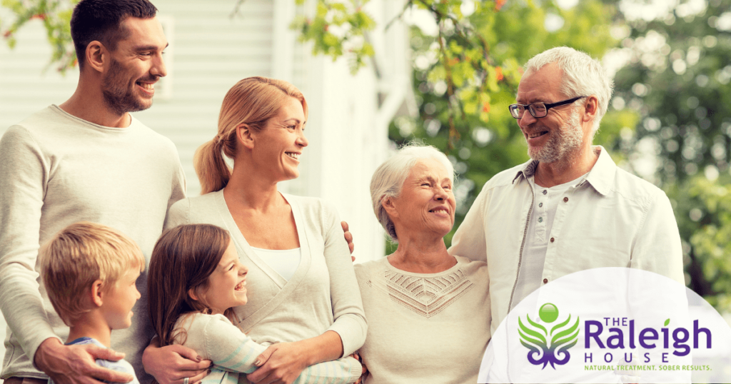 Three generations of a family enjoys time outdoors together. 