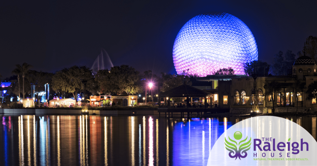 A nighttime shot of Orlando, including The Spaceship Earth at Epcot Center