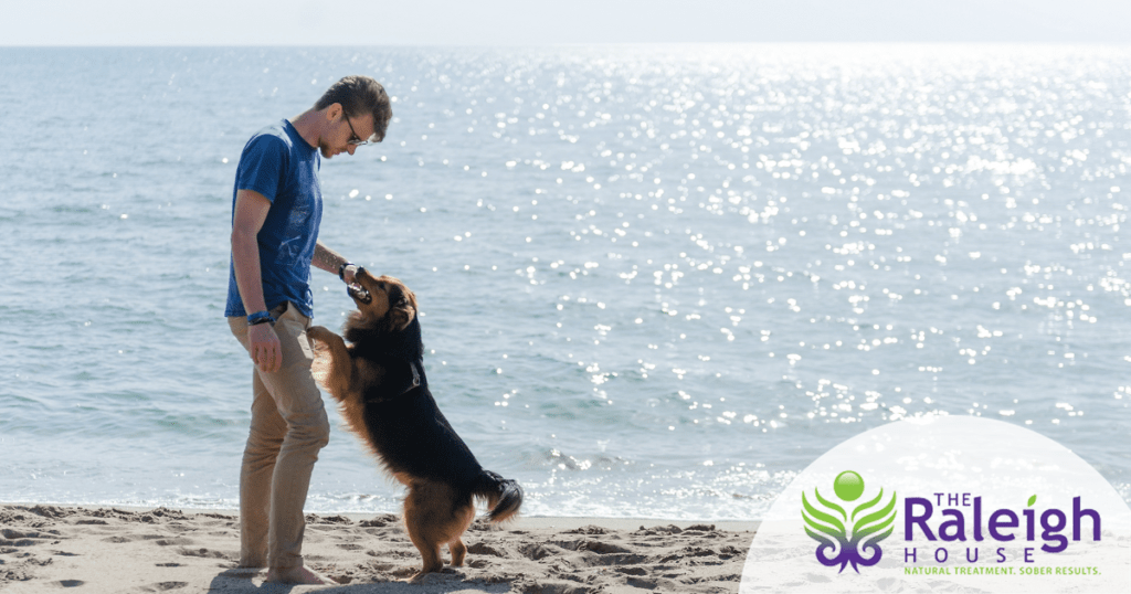 A man plays on the beach by the water with his dog, happy he’s no longer depressed or anxious.
