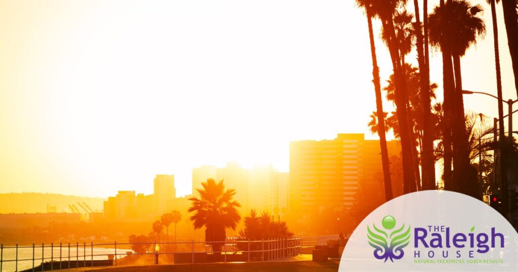 Palm trees sway as the sun sets over Manhattan Beach in California.