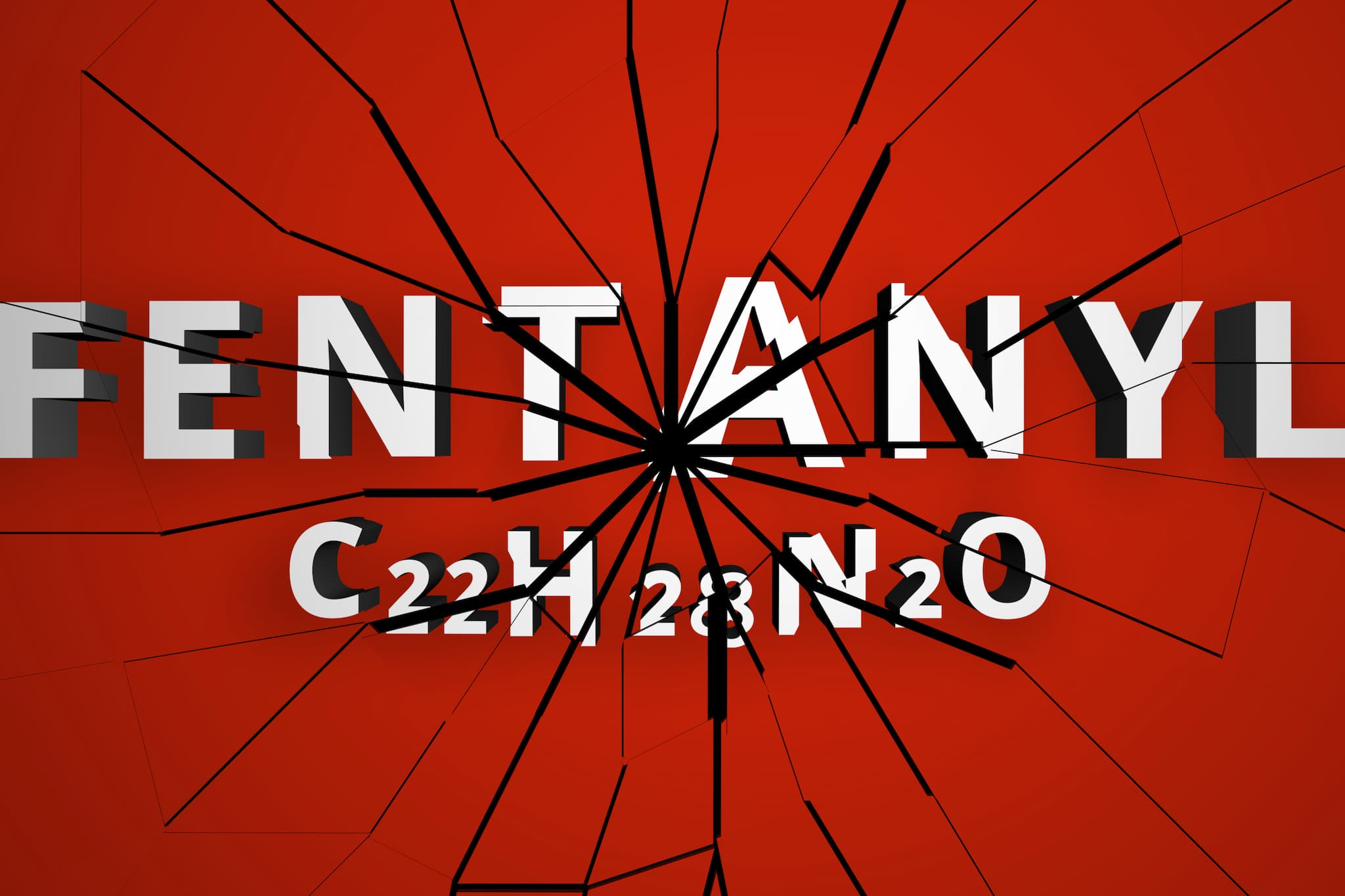 Image of the word Fentanyl with its chemical makeup as a smashed mirror