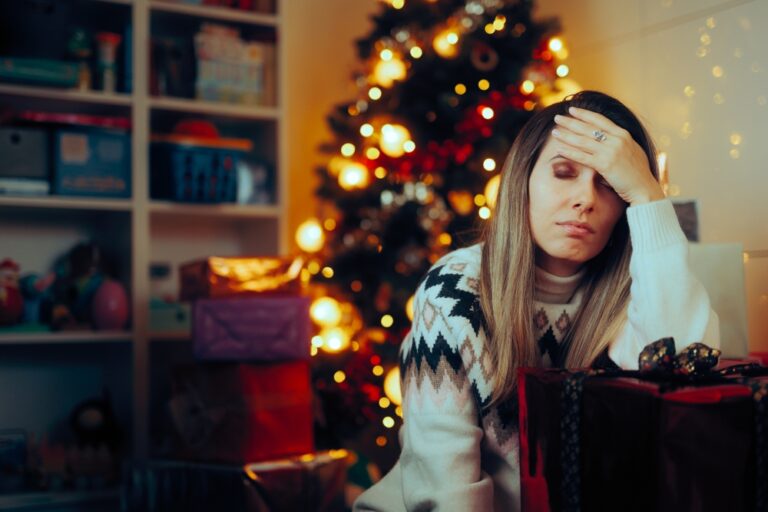 Unhappy Stressed Christmas Woman Waiting Tired lady feeling concerned and depressed about winter holidays