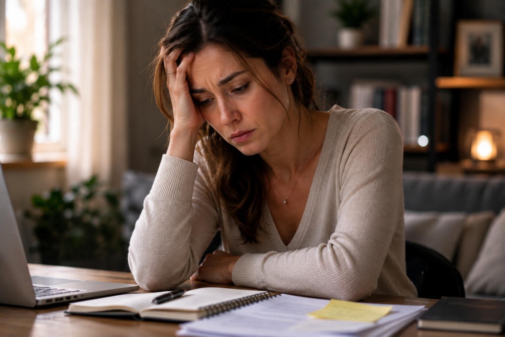 Woman sitting at a desk looking overwhelmed and emotionally distressed while reviewing paperwork, illustrating the hidden struggles of high-functioning alcohol use disorder.