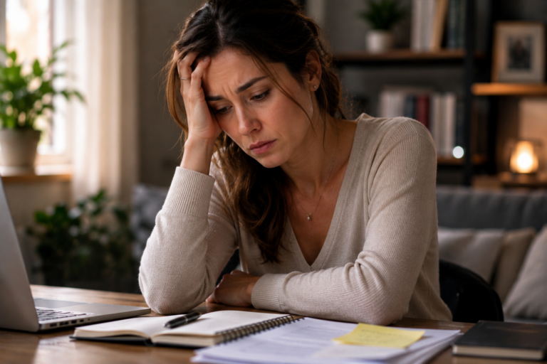 Woman sitting at a desk looking overwhelmed and emotionally distressed while reviewing paperwork, illustrating the hidden struggles of high-functioning alcohol use disorder.